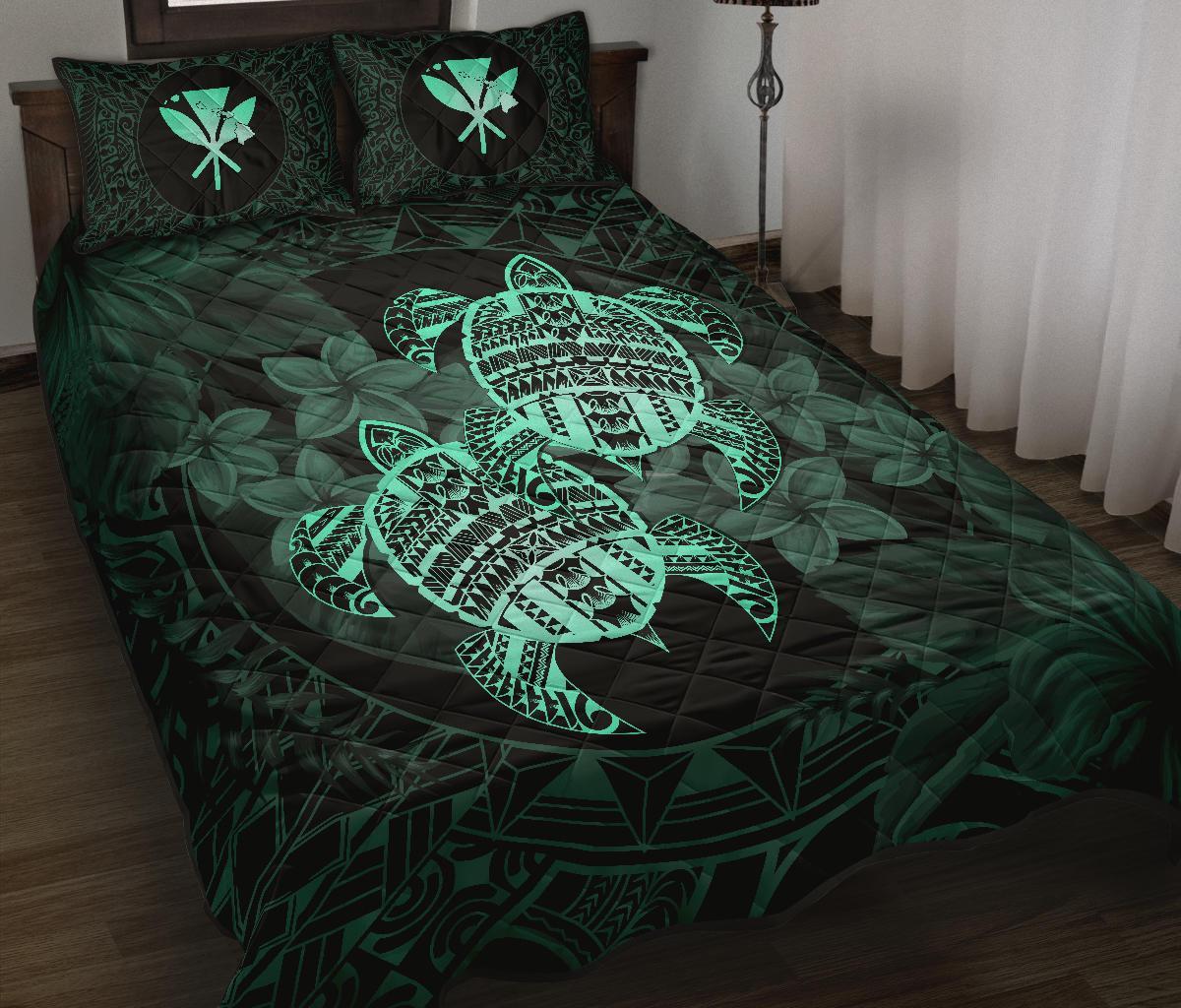 Hawaii Quilt Bed Set - Turtle Strong Pattern Hibiscus Plumeria Turquoise AH Turquoise - Polynesian Pride