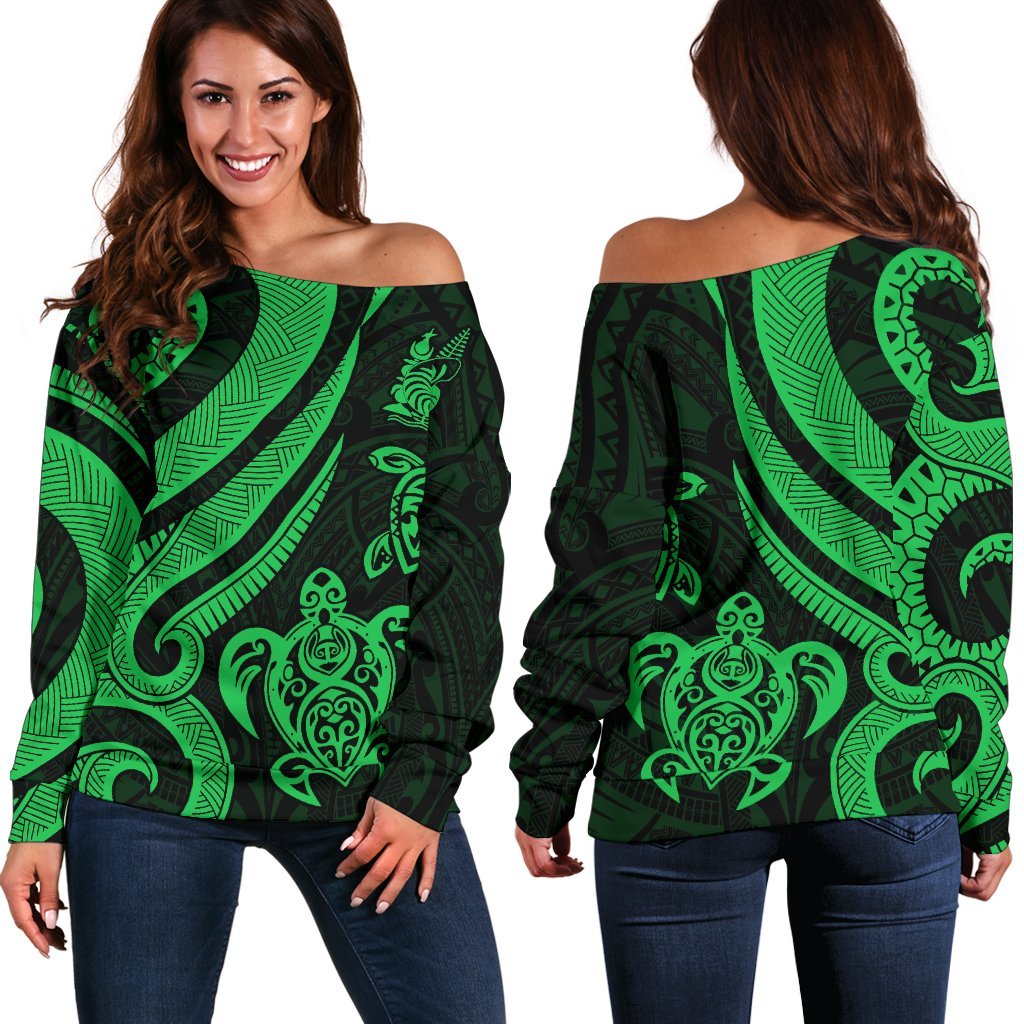 New Caledonia Women's Off Shoulder Sweater - Green Tentacle Turtle Green - Polynesian Pride