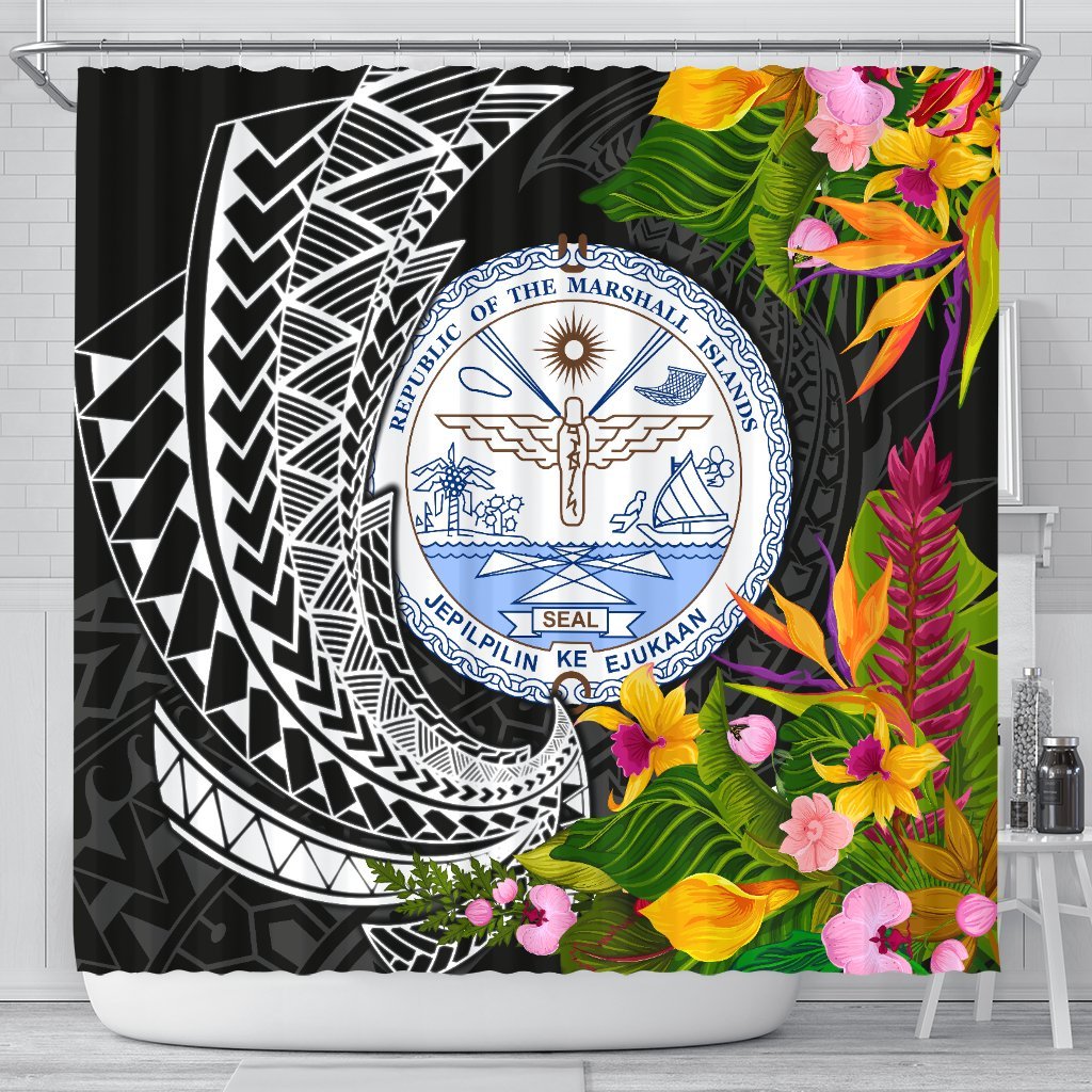 Marshall Islands Shower Curtains - Seal Spiral Polynesian Patterns 177 x 172 (cm) Black - Polynesian Pride