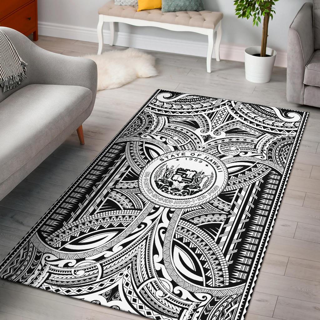 Hawaii Area Rugs - Polynesian Tattoo & Hawaii Coat of Arm White - Polynesian Pride