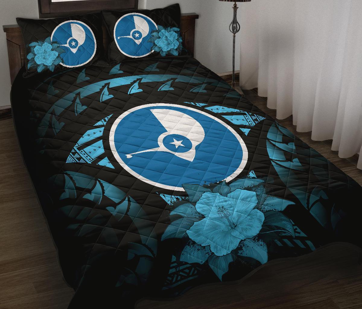 Yap Polynesian Quilt Bed Set Hibiscus Blue Black - Polynesian Pride