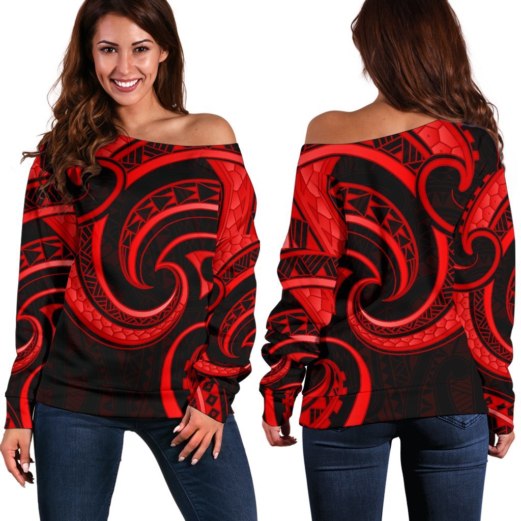 New Zealand Maori Mangopare Women Off Shoulder Sweater Polynesian - Red Red - Polynesian Pride