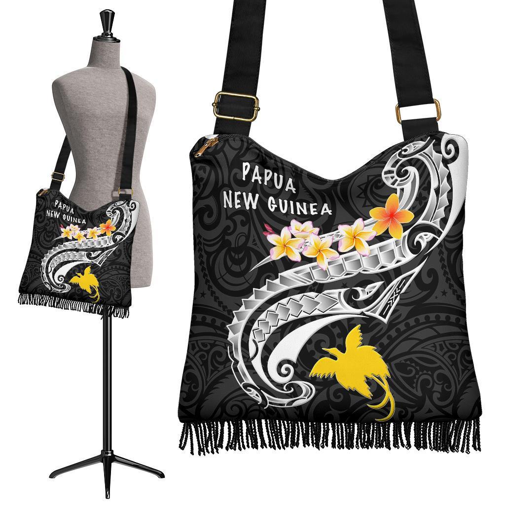Papua New Guinea Crossbody Boho Handbag - PNG Seal Polynesian Patterns Plumeria (Black) - Polynesian Pride