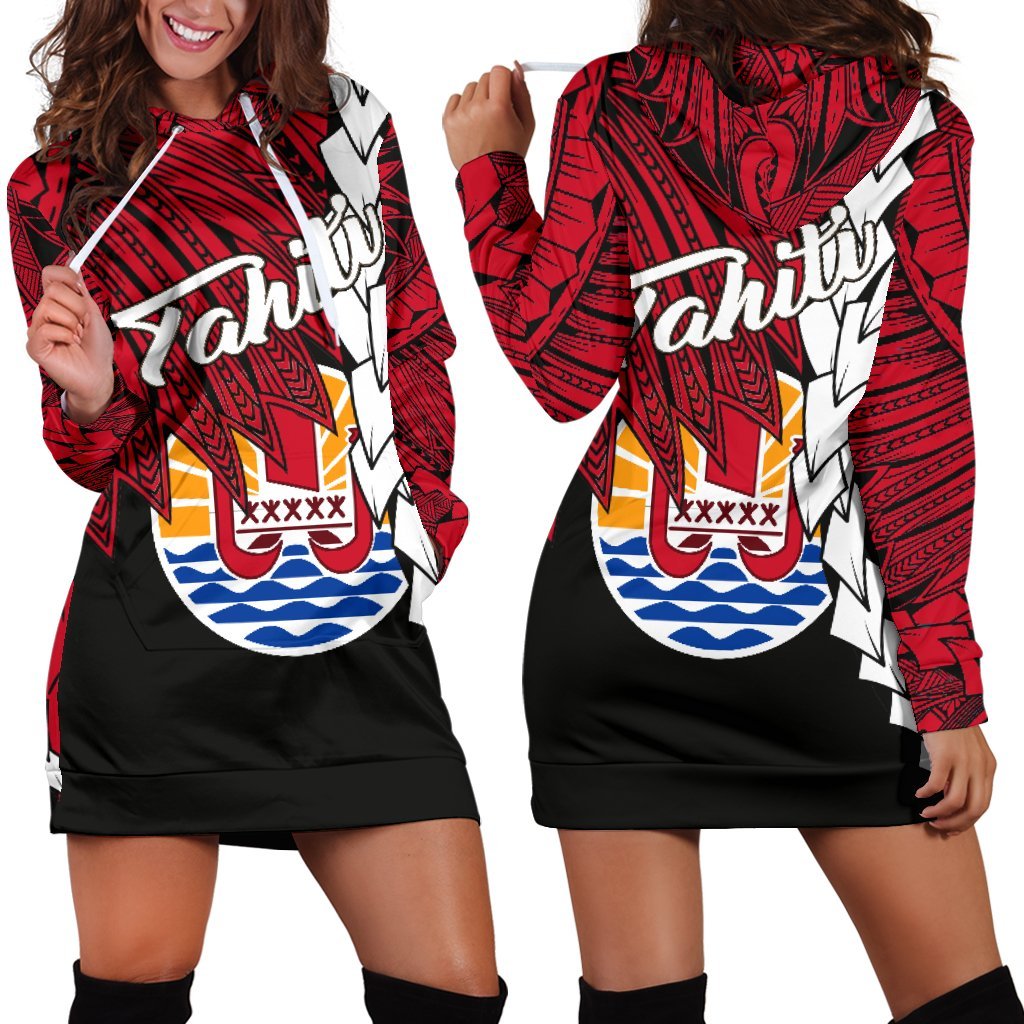 Tahiti Polynesian Hoodie Dress - Tribal Wave Tattoo Flag Style Black - Polynesian Pride