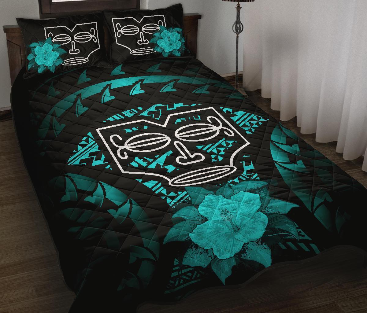 Marquesas Islands Polynesian Quilt Bed Set Hibiscus Turquoise Black - Polynesian Pride