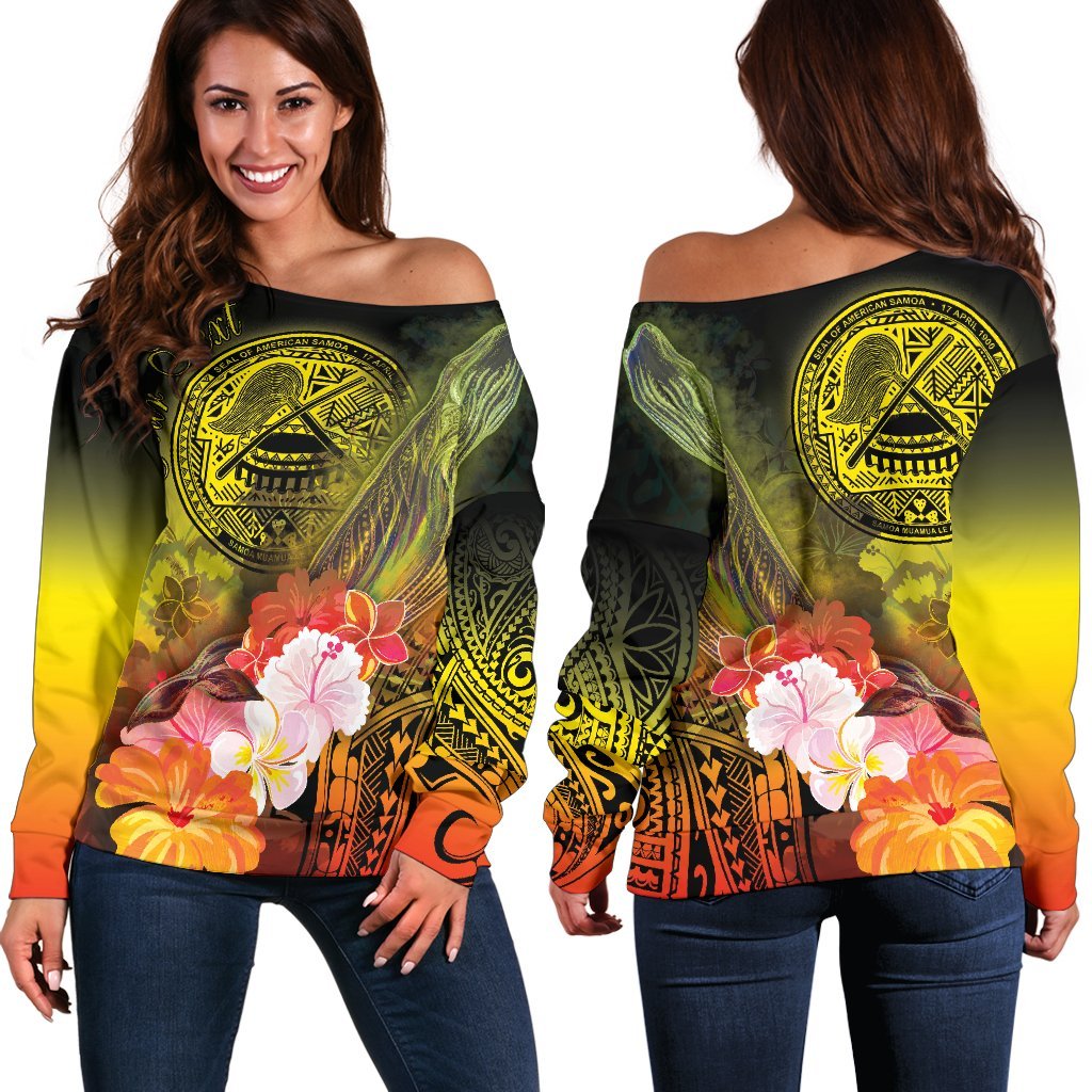 American Samoa Polynesian Custom Personalised Women's Off Shoulder Sweater - Humpback Whale with Tropical Flowers Yellow - Polynesian Pride