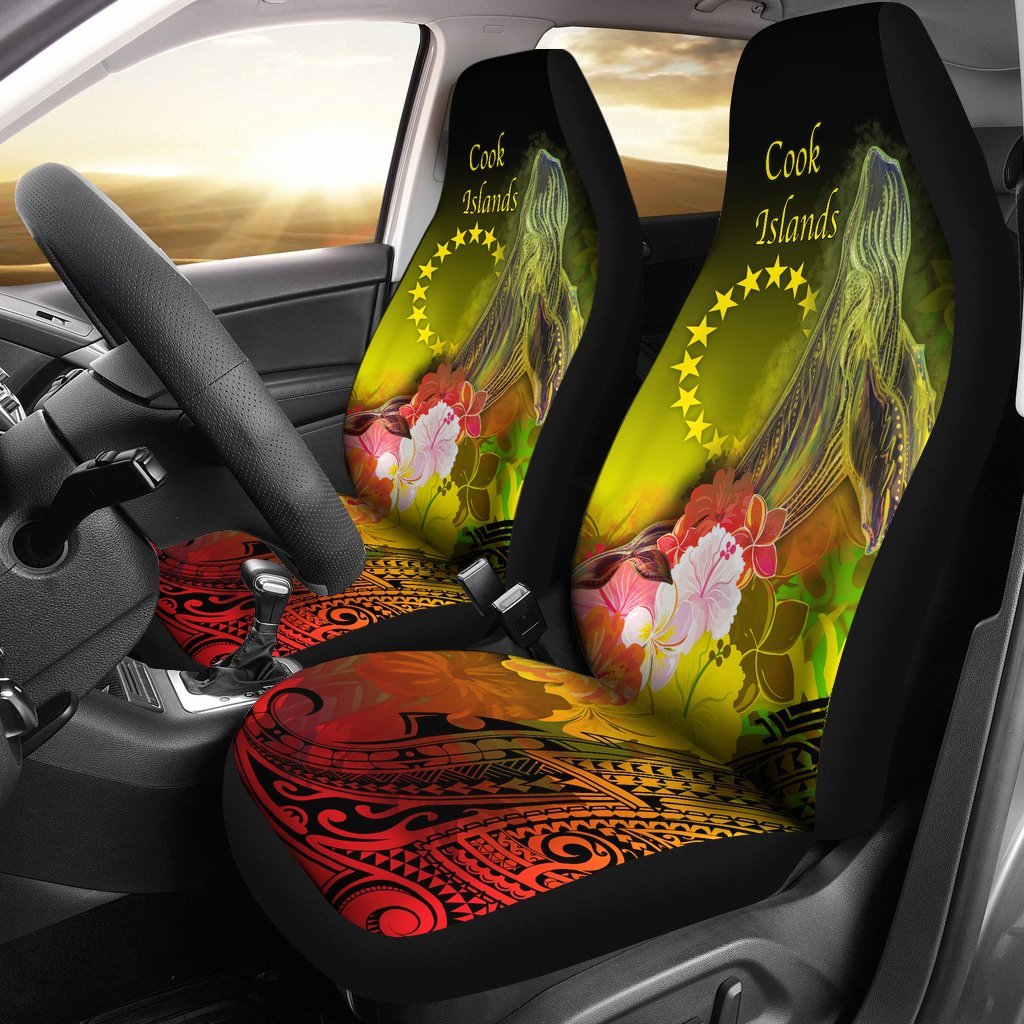 Cook Islands Car Seat Cover - Humpback Whale with Tropical Flowers (Yellow) Universal Fit Yellow - Polynesian Pride