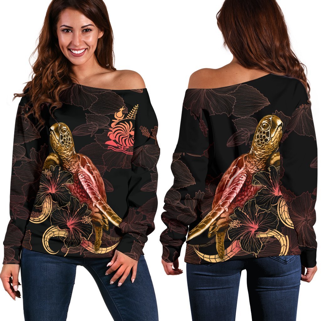 New Caledonia Polynesian Women's Off Shoulder Sweater - Turtle With Blooming Hibiscus Gold Gold - Polynesian Pride