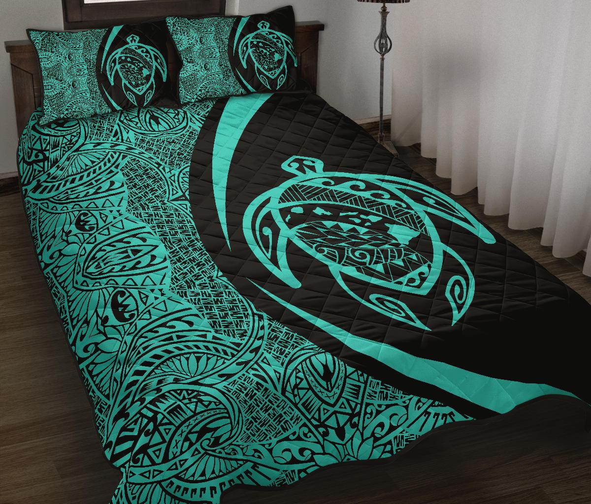 Hawaii Turtle Map Polynesian Quilt Bed Set - Turquoise - Circle Style - Polynesian Pride
