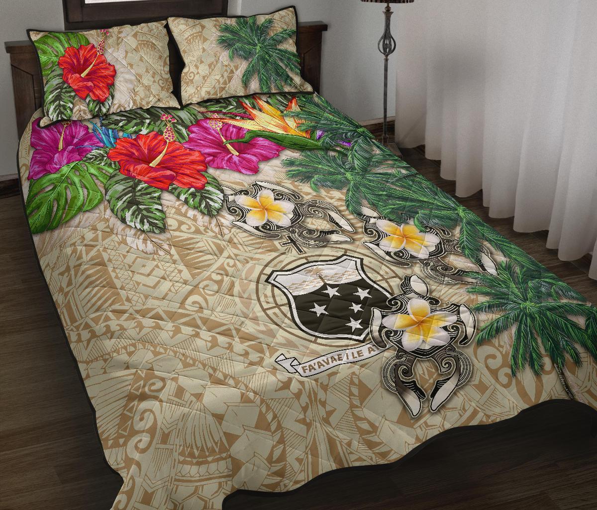 Samoa Polynesian Quilt Bed Set - Hibiscus Turtle Tattoo Beige Beige - Polynesian Pride