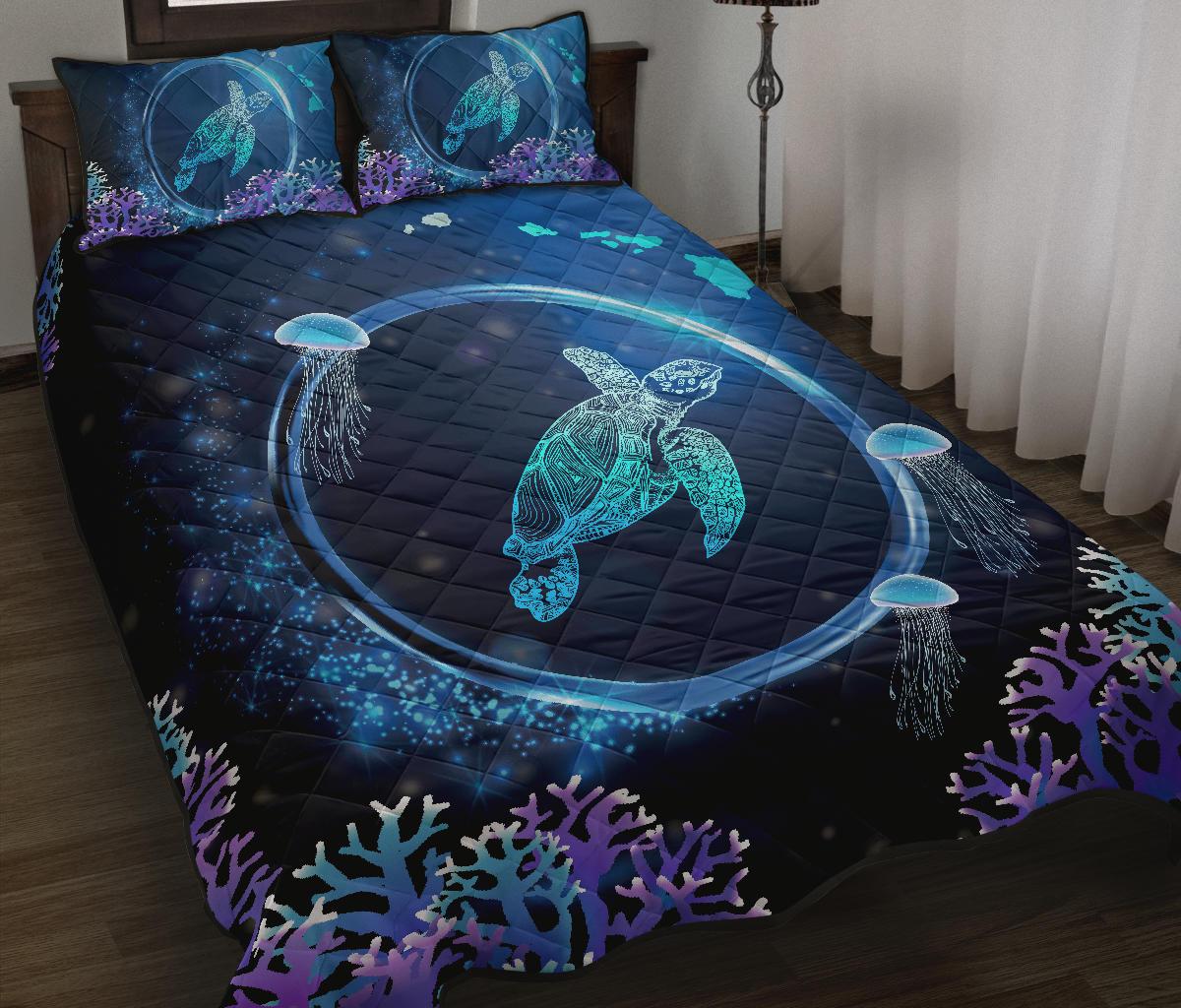 Hawaii Turtle Jellyfish Coral Galaxy Quilt Bed Set Blue - Polynesian Pride