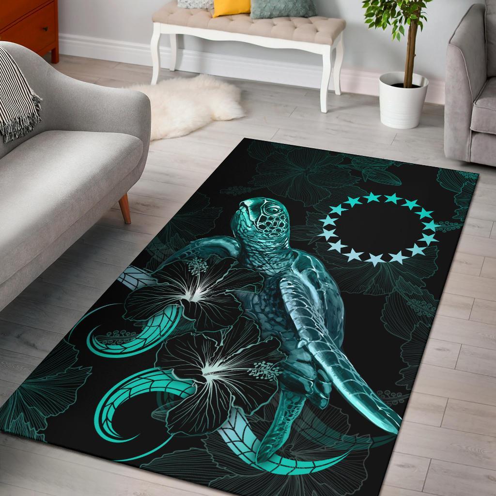 Cook Islands Polynesian Area Rugs - Turtle With Blooming Hibiscus Turquoise Turquoise - Polynesian Pride