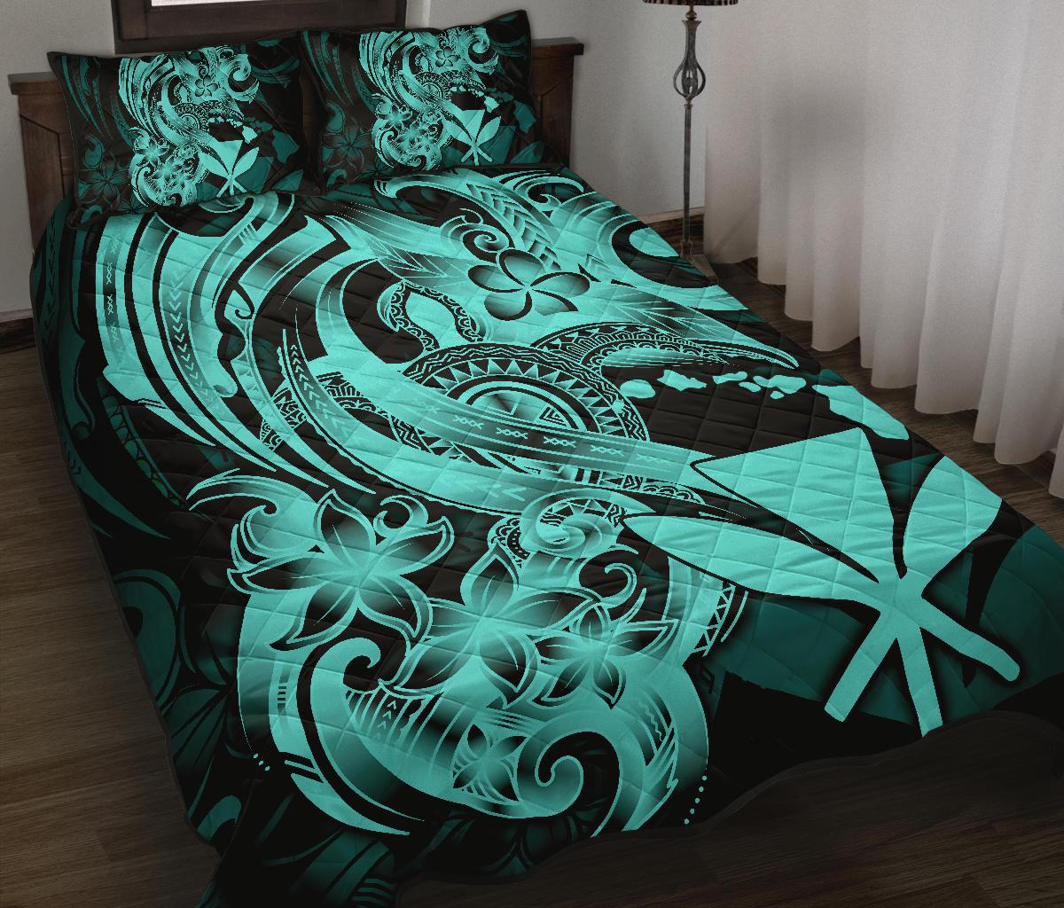 Hawaii Polynesian Quilt Bed Set - Blue Kanaka Maoli Tentacle Plumeria Blue - Polynesian Pride