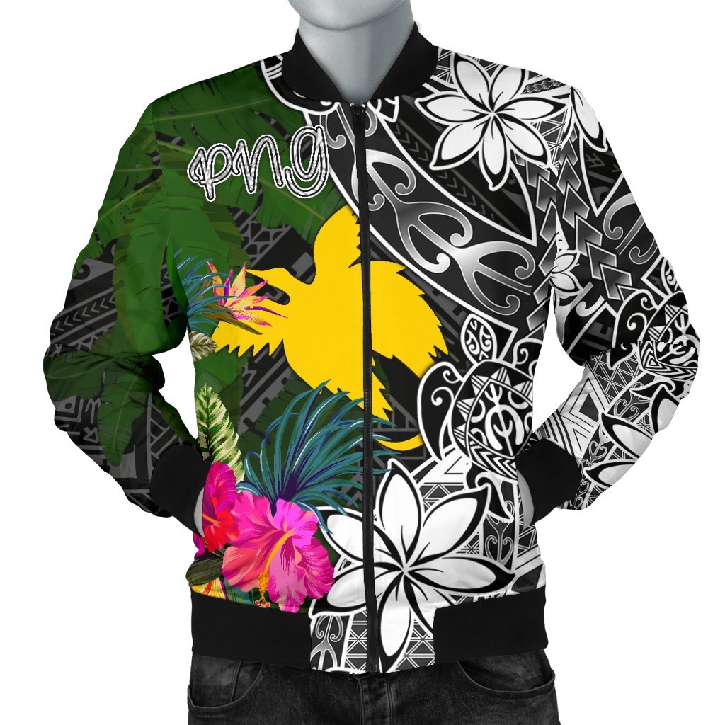 Papua New Guinea Men Bomber Jacket - Turtle Plumeria Banana Leaf Black - Polynesian Pride