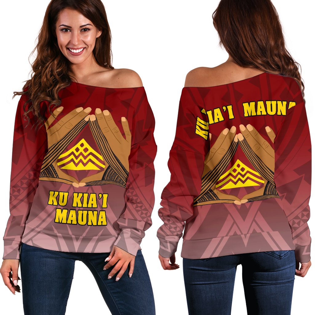 Hawaii Mauna Kea Women's Off Shoulder Sweater - Hand Sign Symbol Red - Polynesian Pride