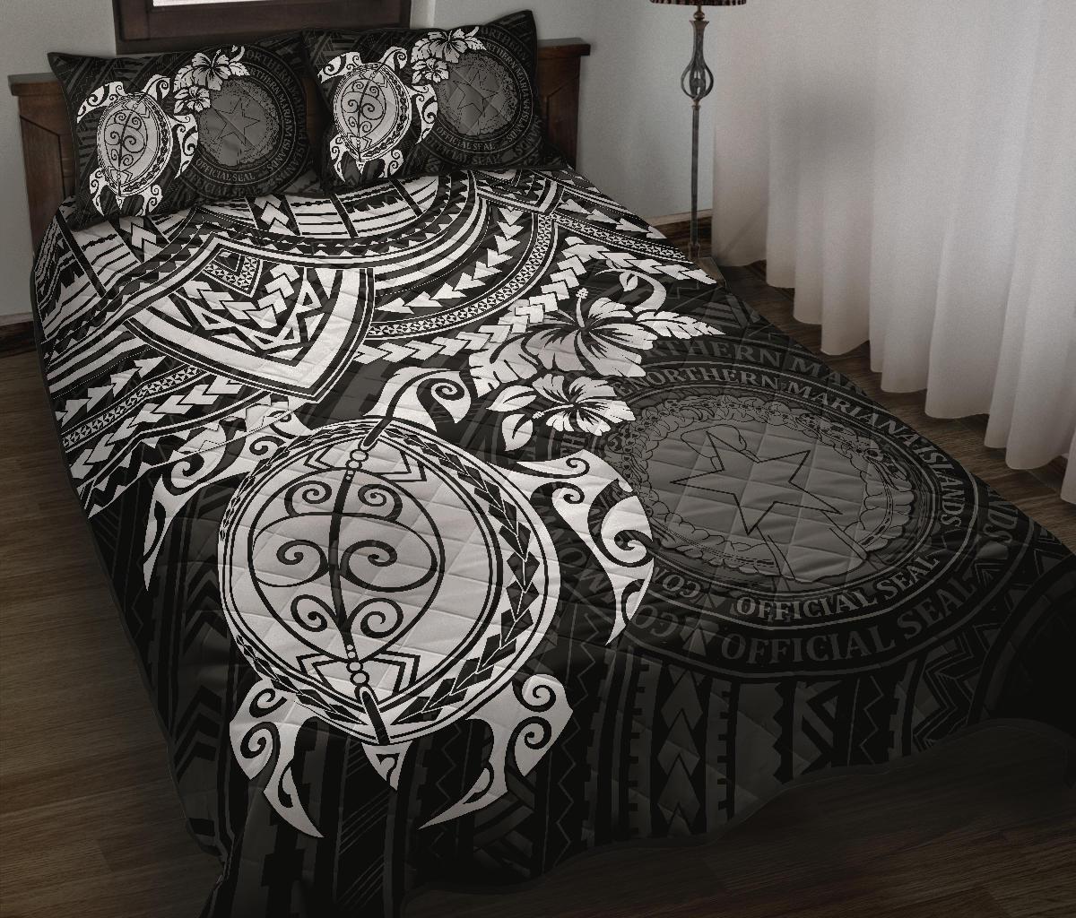 Northern Mariana Islands Polynesian Quilt Bed Set - Northern Mariana Islands Seal & White Turtle Hibiscus WHITE - Polynesian Pride