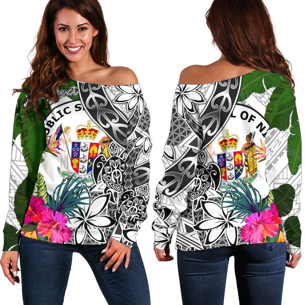 Niue Custom Personalised Women's Off Shoulder Sweater White - Turtle Plumeria Banana Leaf White - Polynesian Pride