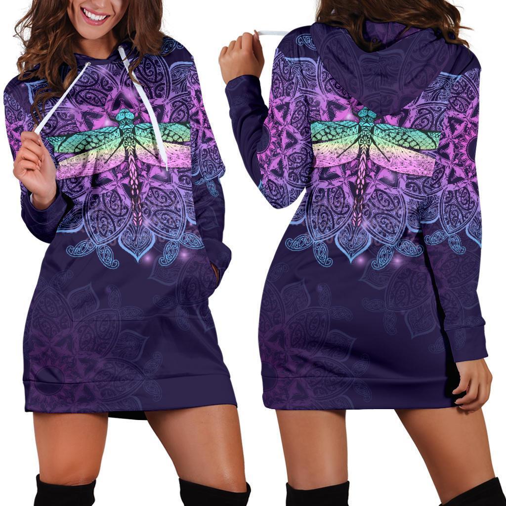 Maori Mandala Dragonfly Hoodie Dress Purple - Polynesian Pride