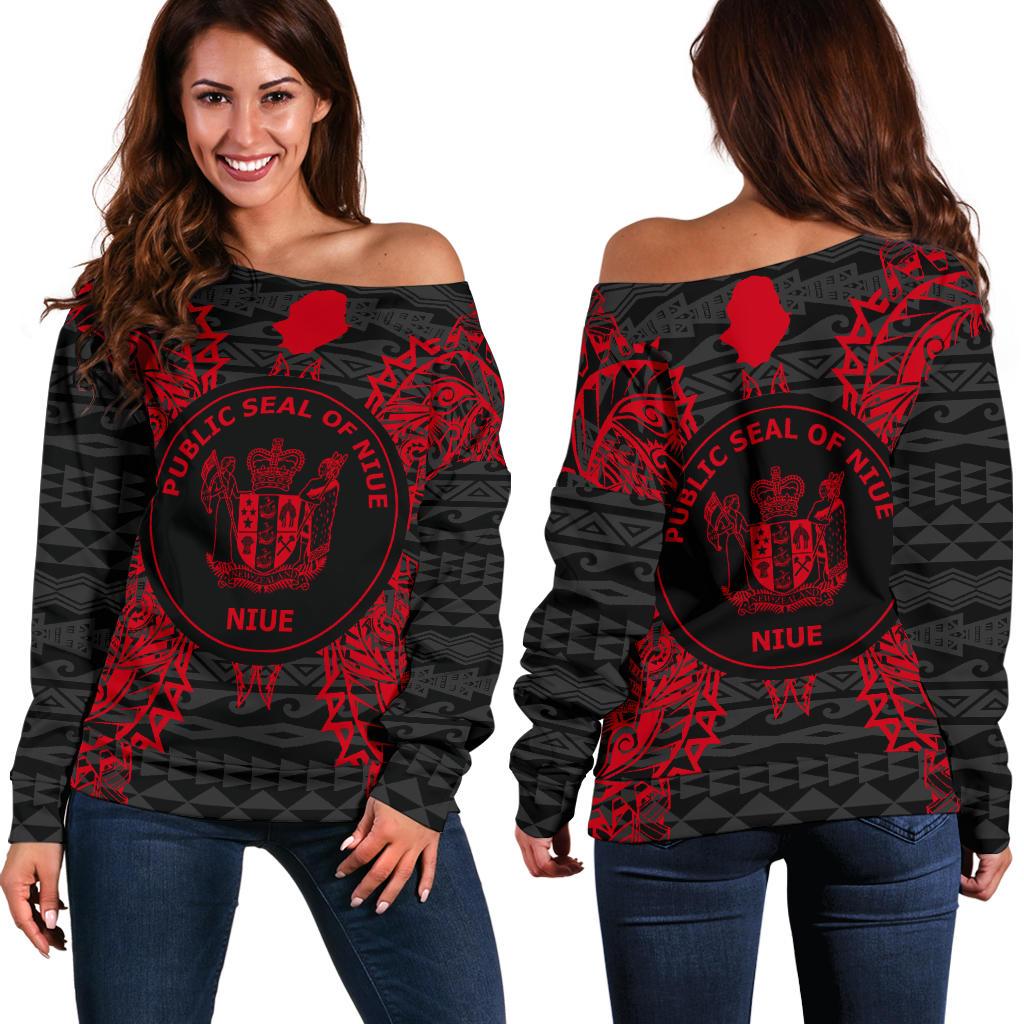 Niue Polynesian Shoulder Sweater Map Red Red - Polynesian Pride