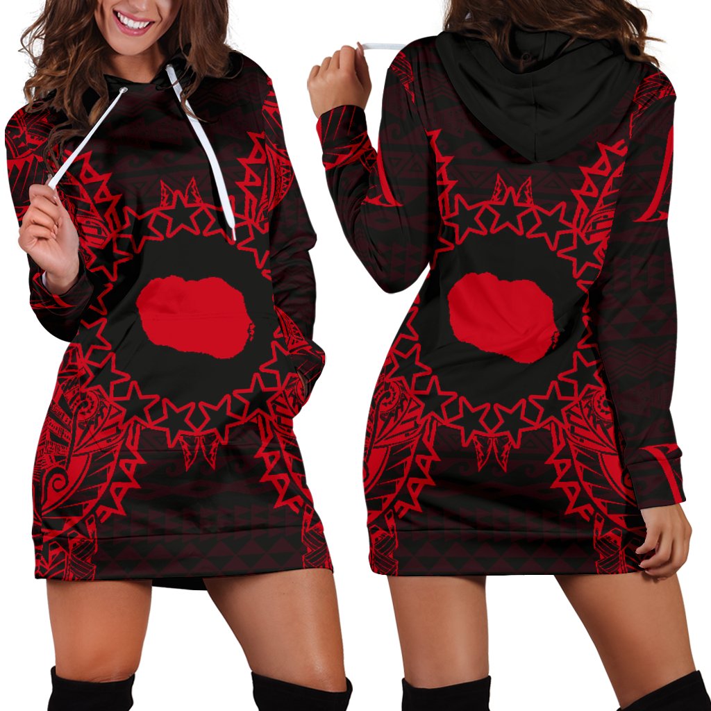 Cook Islands Polynesian Hoodie Dress Map Red Red - Polynesian Pride