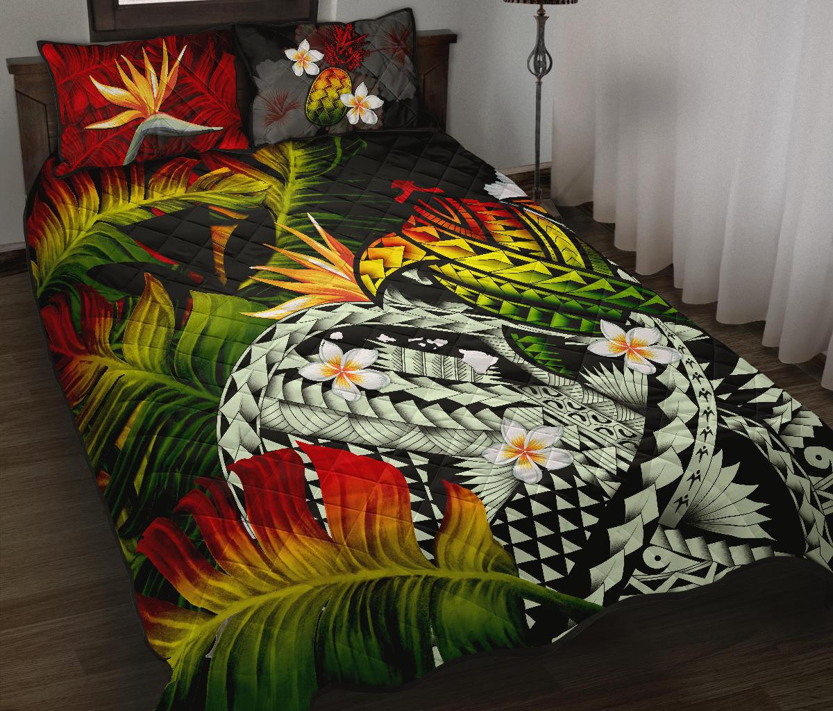 Kanaka Maoli (Hawaiian) Quilt Bed Set, Polynesian Pineapple Banana Leaves Turtle Tattoo Reggae - Polynesian Pride