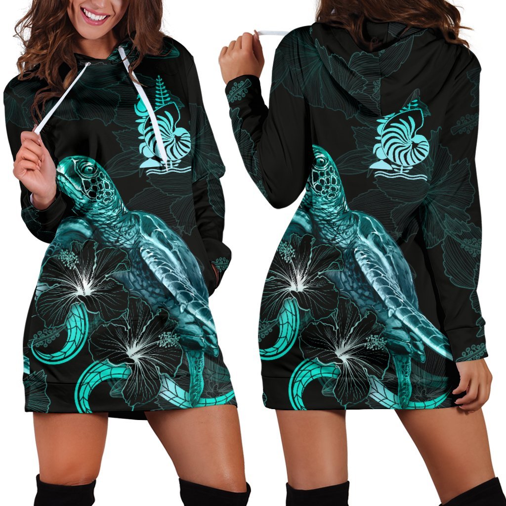 New Caledonia Polynesian Hoodie Dress - Turtle With Blooming Hibiscus Turquoise Turquoise - Polynesian Pride