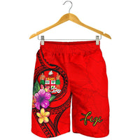 Fiji Polynesian Men's Shorts - Floral With Seal Red - Polynesian Pride
