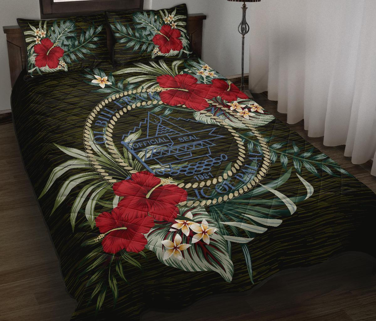 Palau Polynesian Quilt Bed Set - Special Hibiscus Black - Polynesian Pride