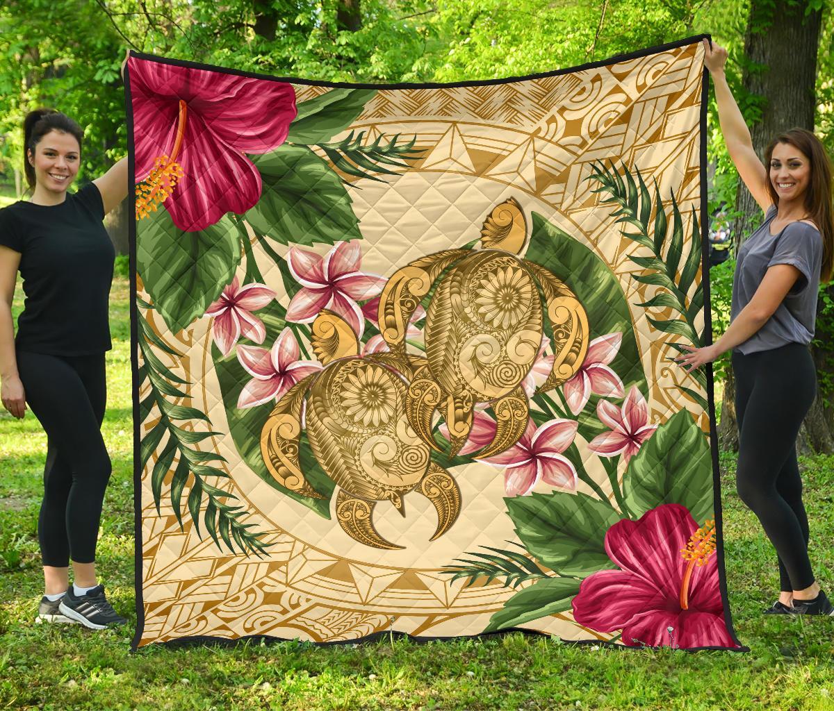 Hawaii Premium Quilt - Turtle Premium Quilt Strong Pattern Hibiscus Plumeria AH Gold - Polynesian Pride