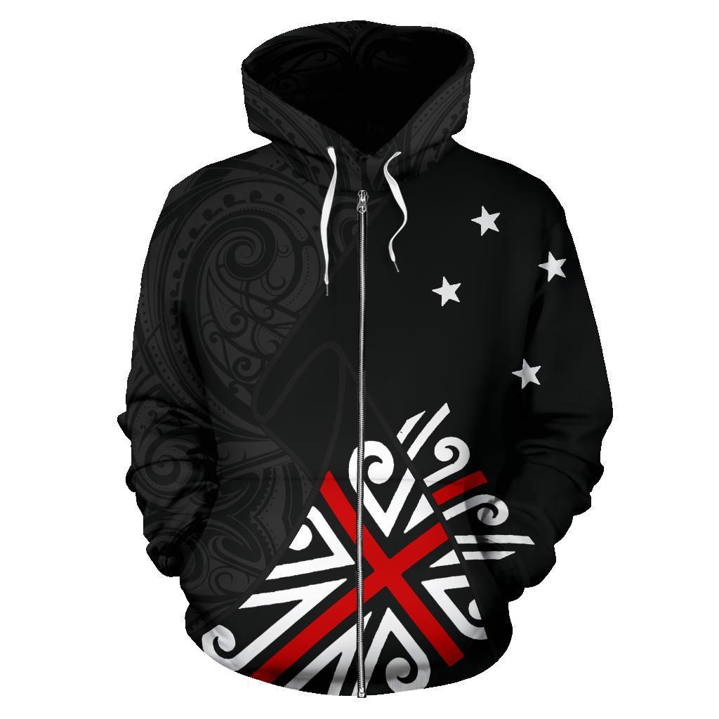 New Zealand Maori Hoodie, Black Jack Flag Full Zip Hoodie Unisex Black - Polynesian Pride