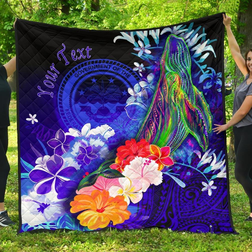 Federated States of Micronesia Custom Personalised Premium Quilt - Humpback Whale with Tropical Flowers (Blue) Blue - Polynesian Pride