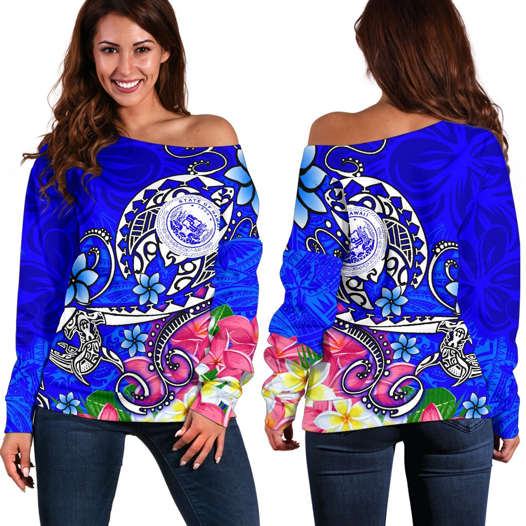 Hawaii Polynesian Women's Off Shoulder Sweater - Hawaii Seal With Turtle Plumeria (Blue) Blue - Polynesian Pride