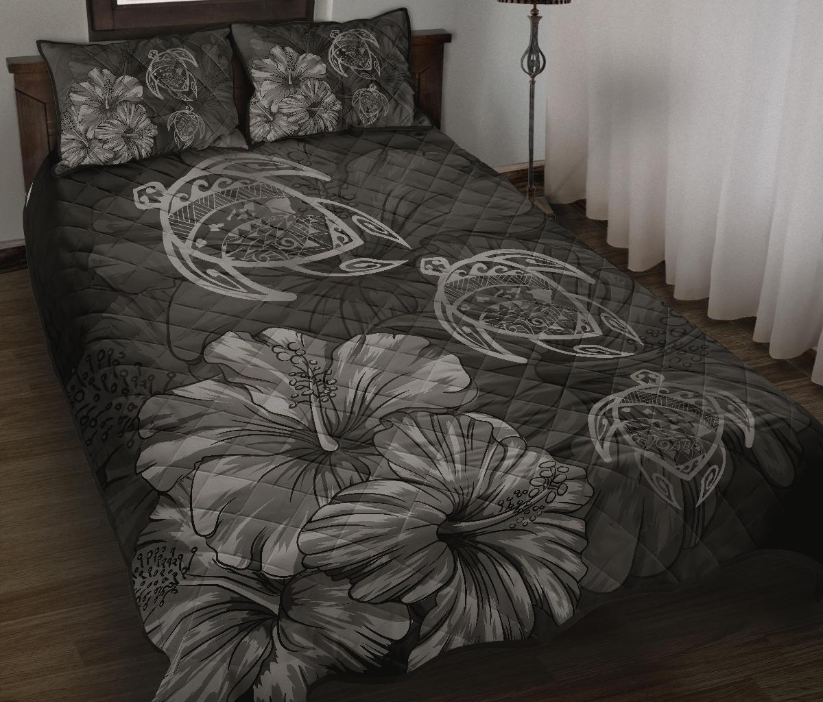 Hawaiian Map Turtle Hibiscus Vintage Polynesian Quilt Bedding Set Gray - Polynesian Pride