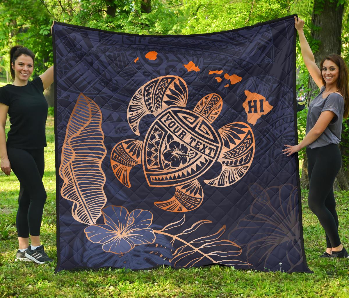 Personalized - Hawaii Kakau Polynesian Turtle Map Premium Quilt - Indigo Special Edition Blue - Polynesian Pride