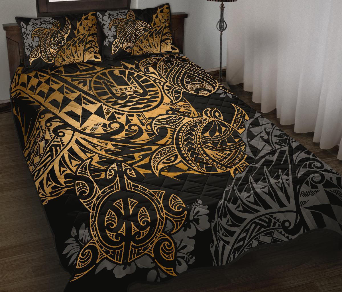 Tahiti Polynesian Quilt Bed Set - Gold Turtle Hibiscus Flowing GOLD - Polynesian Pride