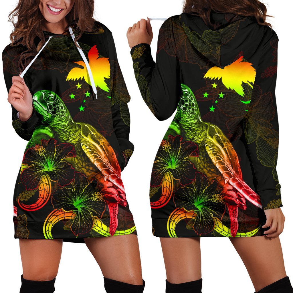 Papua New Guinea Polynesian Hoodie Dress - Turtle With Blooming Hibiscus Reggae Reggae - Polynesian Pride