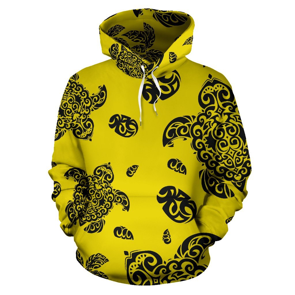 Hawaii Hoodie Polynesian Turtle Palm and Sea Pebbles Yellow Pullover Unisex Art - Polynesian Pride