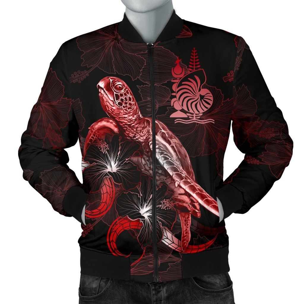 New Caledonia Polynesian Men's Bomber Jacket - Turtle With Blooming Hibiscus Red Red - Polynesian Pride