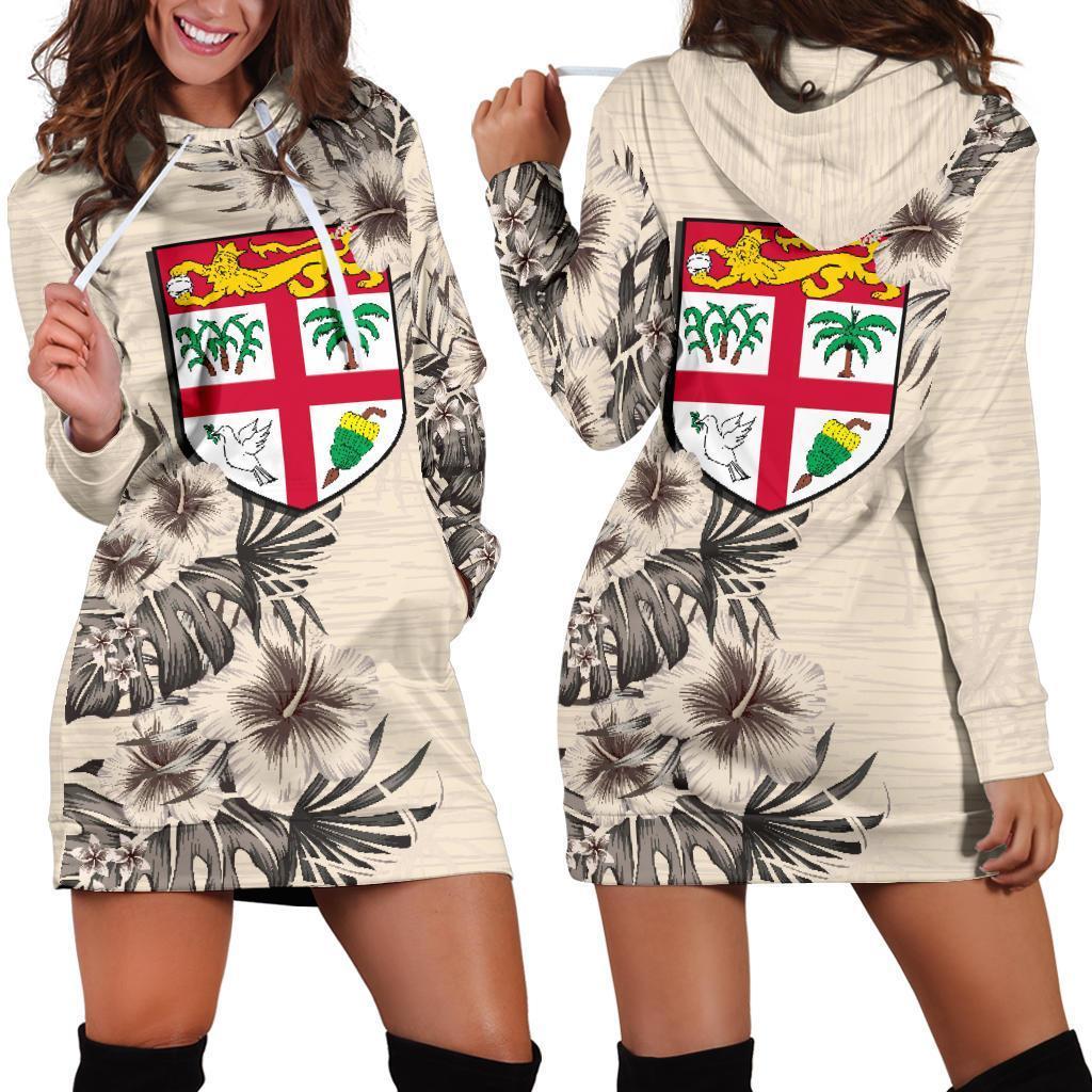 Fiji Hoodie Dress - Fiji Flag & Beige Hibiscus White - Polynesian Pride