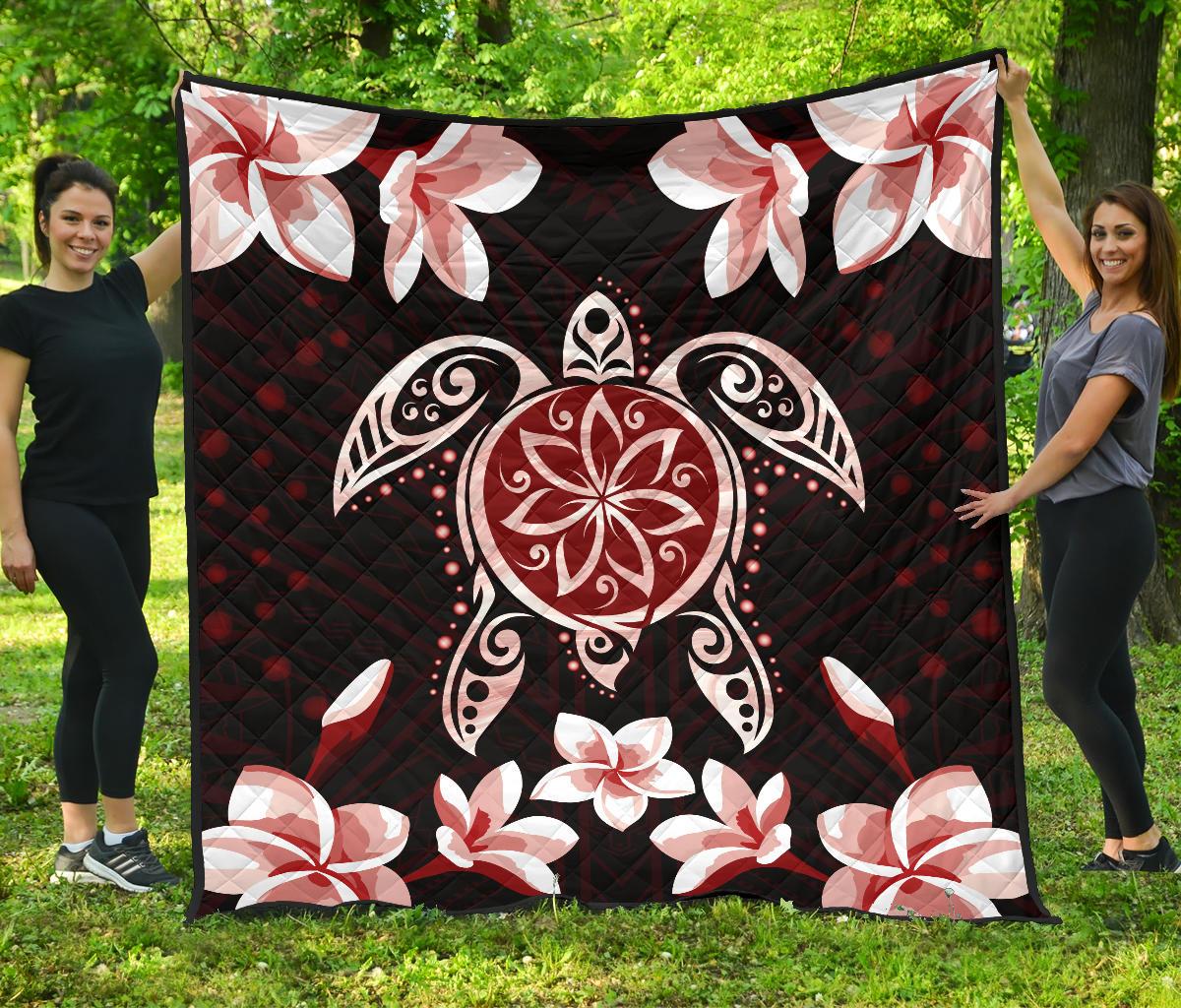 Hawaiian Reddie Turtle Plumeria Quilt Black - Polynesian Pride