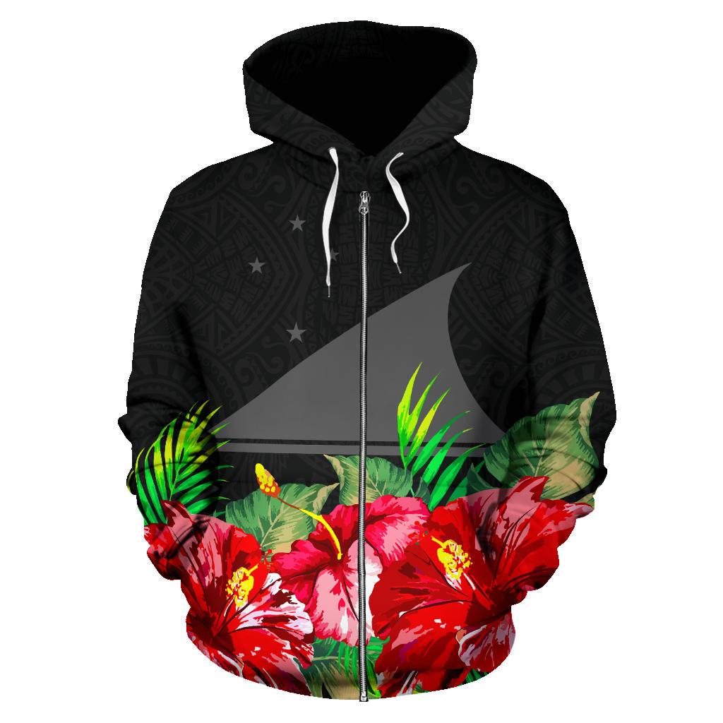 Tokelau Polynesian Zip Hoodie Black Hibiscus - Polynesian Pride