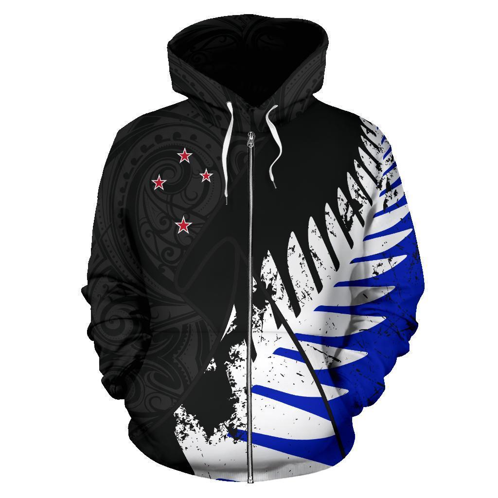 New Zealand Maori Zip Hoodie, Silver Fern Flag Full Zip Hoodie Unisex Black - Polynesian Pride