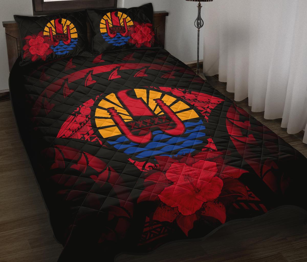 Tahiti Polynesian Quilt Bed Set Hibiscus Red Black - Polynesian Pride