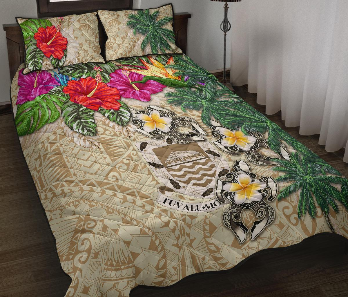 Tuvalu Polynesian Quilt Bed Set - Hibiscus Turtle Tattoo Beige Beige - Polynesian Pride