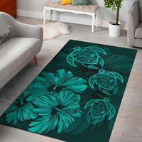 Hawaiian Map Hibiscus Flowers Vintage Polynesian Rug AH Rug Turquoise - Polynesian Pride