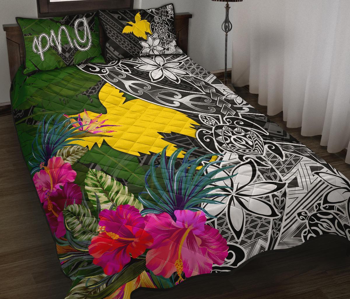 Papua New Guinea Quilt Bed Set - Turtle Plumeria Banana Leaf Black - Polynesian Pride