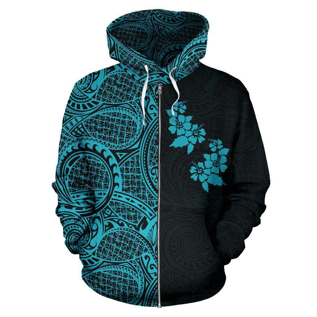 Hibiscus Hoodie Zip up Polynesian Half Style Blue - Polynesian Pride