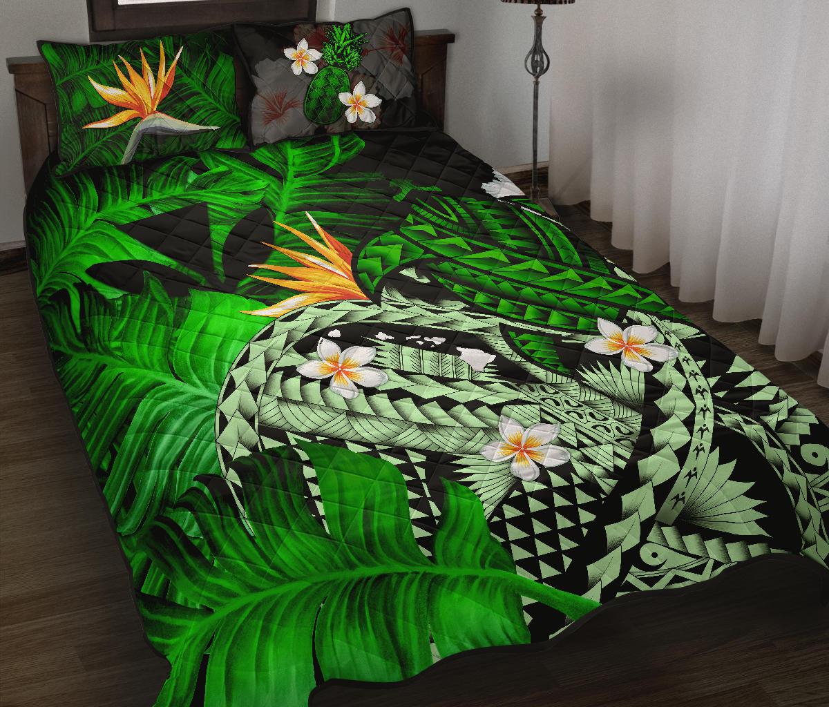 Kanaka Maoli (Hawaiian) Quilt Bed Set, Polynesian Pineapple Banana Leaves Turtle Tattoo Green - Polynesian Pride