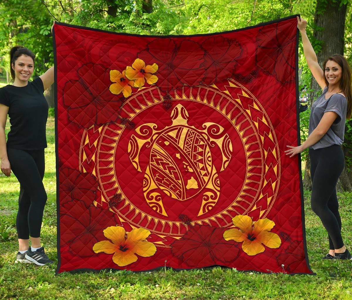 Hawaii Turtle Polynesian Premium Quilt - Oil Style Red - Polynesian Pride