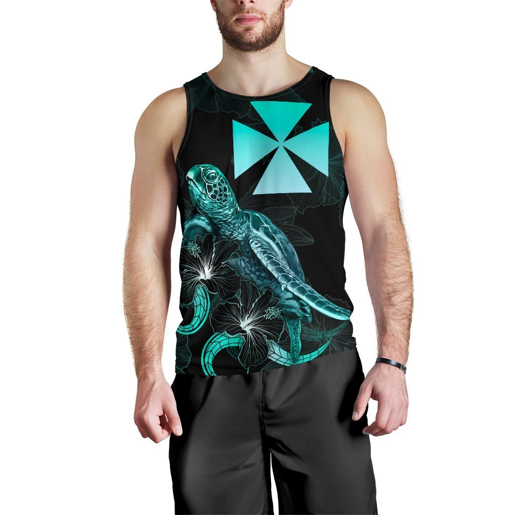 Wallis and Futuna Polynesian Men Tank Top - Turtle With Blooming Hibiscus Tuquoise - Polynesian Pride